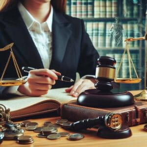 Avocate assise à son bureau, entourée de symboles de la justice comme une balance en or, un marteau de juge et des pièces de monnaie, évoquant l'administration de la justice et les considérations financières dans le droit.