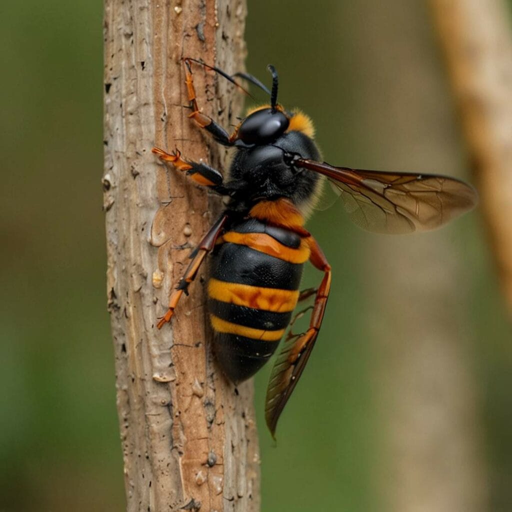 Gros plan d'un frelon asiatique posé sur une branche.