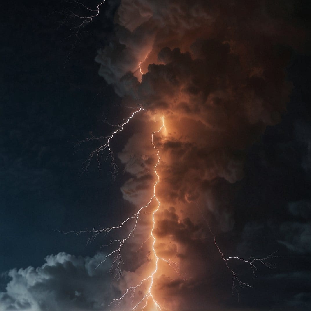 Éclair frappant à travers des nuages sombres, illuminant le ciel nocturne.