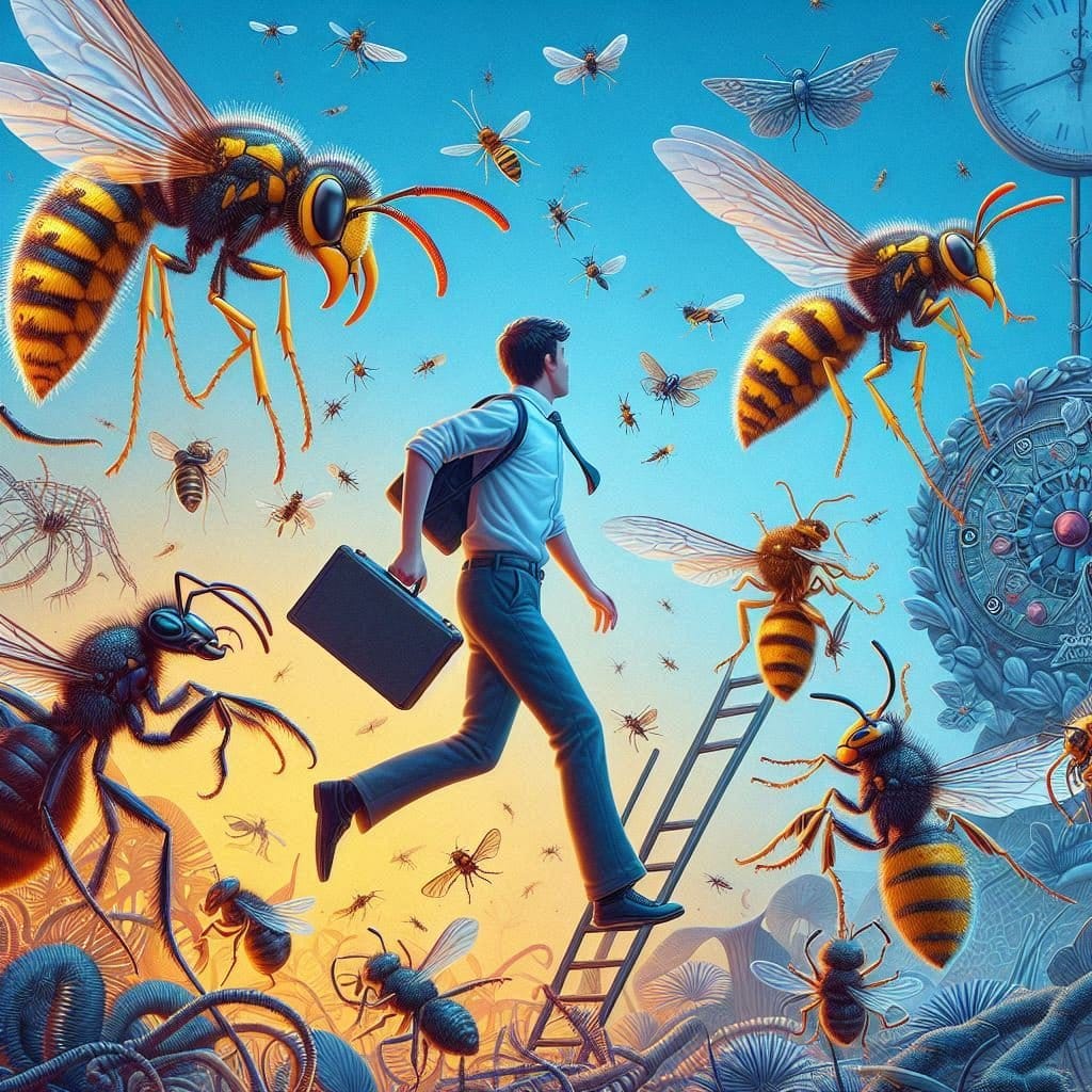 Un homme entouré de grands insectes volants, représentant l'importance et les défis des insectes dans l'écosystème.